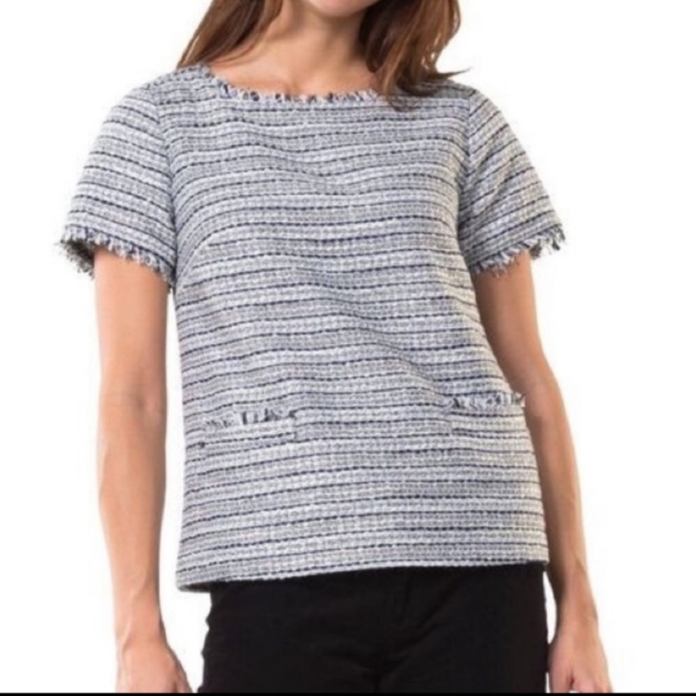 Sail to Sable Metallic Silver Tweed Striped Fringe Top - S